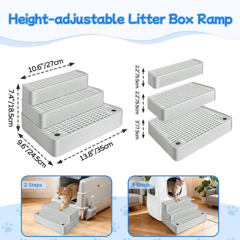 Bartuke Extra Large 3 Steps Litter Box Ramp, Adjustable Cat Litter Box Step with Filter Function, Easy to Clean Cat Litter Stair Catcher for Elderly Cats and Kitten (Light Grey) - Image 2